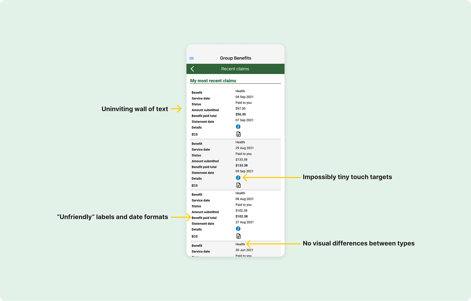 Old claim history UI with usability issues